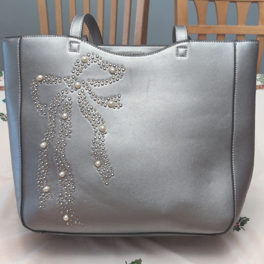 Karl Lagerfeld Canelle Bow Metallic Tote with Pearl and Metal Accents